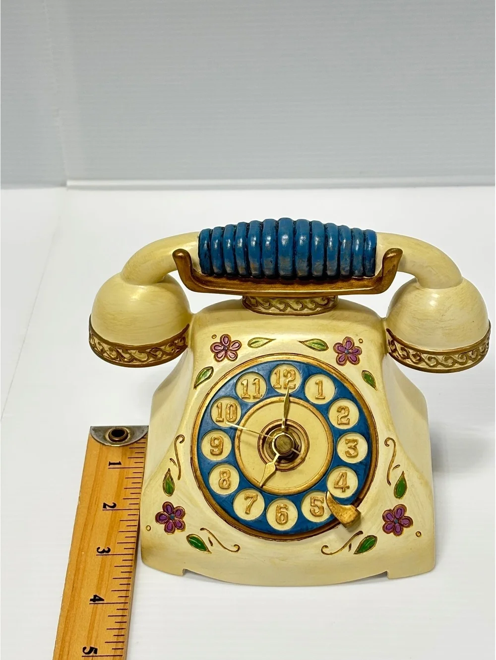 Clock Vintage Ceramic Rotary Phone Figurine with Floral Design and Blue Accents